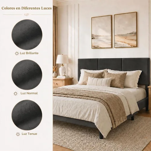 Vista 7 de Marco de cama tamaño Queen con cabecero – Marco de cama de plataforma resistente tapizado con canales verticales acolchados elegante con listones
