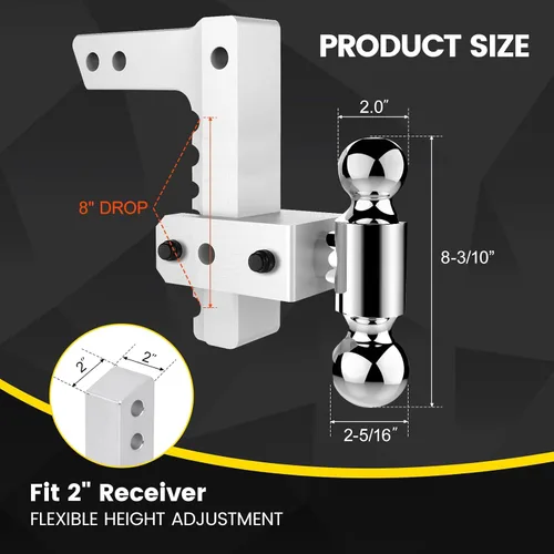 Vista 2 de Enganche de remolque ajustable para receptor de 2 pulgadas, aluminio GTW de 12500 libras - 8 pulgadas de caída/elevación con bola doble de 2