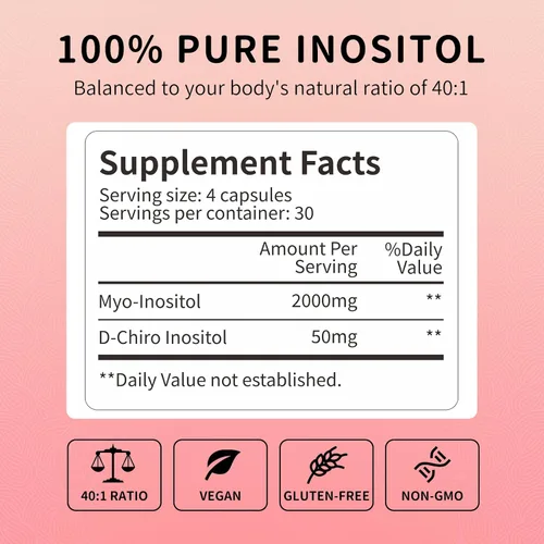 Vista 3 de Myo-inositol y D-Chiro Inositol (proporción 40:1) - Apoya el equilibrio hormonal, la fertilidad y la salud ovárica - 120 cápsulas veganas, paquete