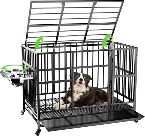 Vista 10 de LOVMOR Jaula para perros resistente de 37 pulgadas con ruedas/varilla de elevación de aire única, 360° y 2 cuencos ajustables, jaula para perros