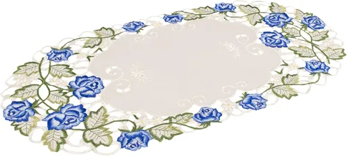 Vista 4 de LINENS ART AND THINGS - Camino de mesa bordado, diseño victoriano, azul, rosa, verde, trabajo en marfil, mantel individual