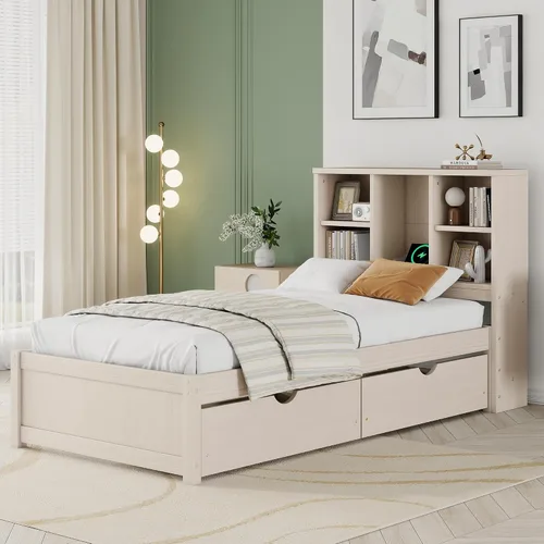 Vista 3 de SOFTSEA Twin Size Kids Bed Frame with Storage Drawers, Wood Platform Bed with Storage Headboard and Charging Station, No Box Spring Needed, Cream