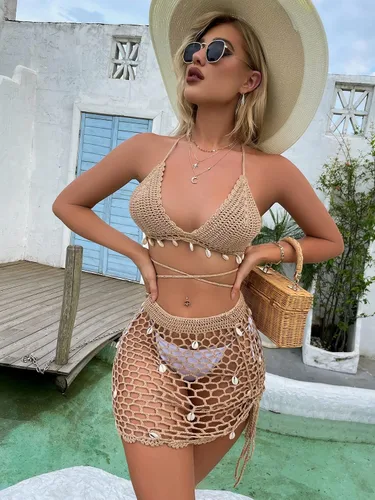 Vista 6 de SHENHE Traje de baño de ganchillo transparente para mujer, falda de playa