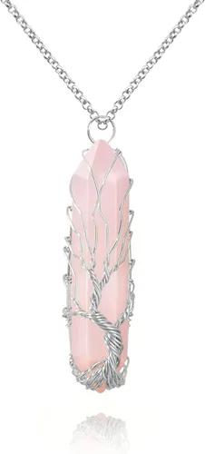 Vista 17 de VIBILIA - Collar con dije sanador para mujeres y hombres, piedra natural hexagonal en punta envuelta con alambre en forma del árbol de la vida