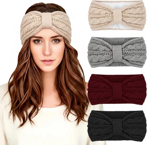 Vista 7 de Chalier Winter Headbands for Women, Crochet Ear Warmer Headband Beige/Negro/Gris Oscuro/Rojo