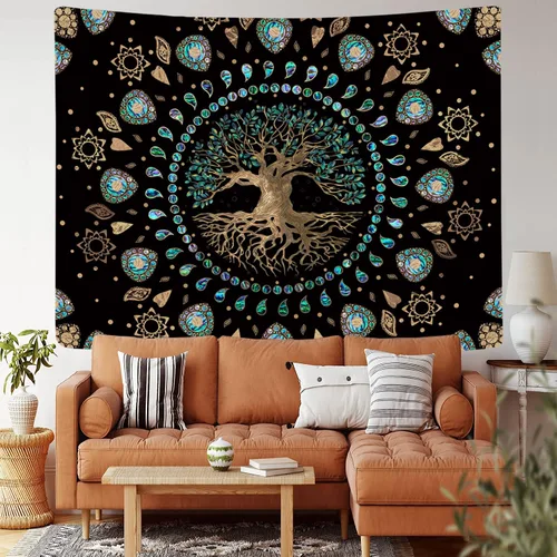 Vista 2 de Tapiz de árbol de la vida para dormitorio, tapiz de mandala hippie estético, naturaleza espiritual, tapices de árbol de abulón y dorado, tapiz