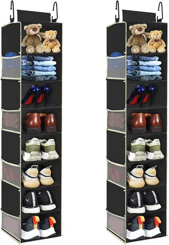 Vista 7 de Organizador de zapatos colgante de gran tamaño con 8 estantes, organizador colgante de armario con 8 bolsillos laterales, estantes colgantes más