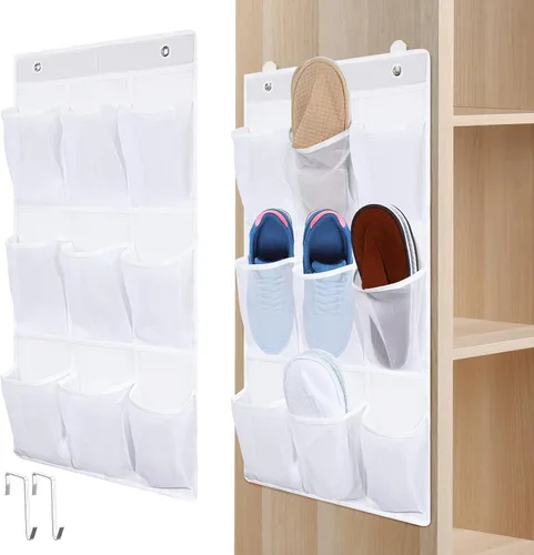 Vista 9 de Dansydaisy Paquete de 2 zapateros para colgar en la pared de 18 bolsillos para armario, RV, almacenamiento de zapatos con 8 ganchos sobre la puerta