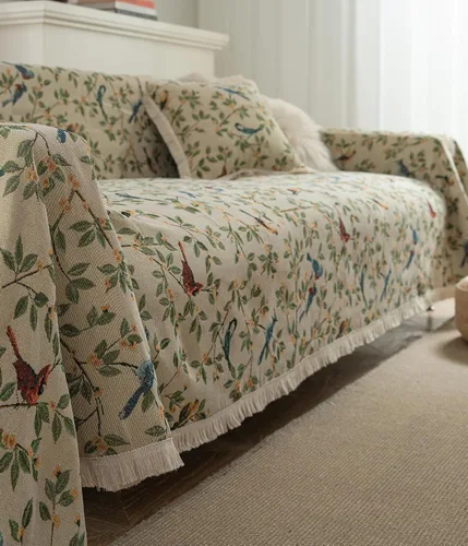 Vista 3 de vctops Fundas de sofá jacquard vintage para sofá seccional patrón de pájaros funda de sofá con flecos para perros fundas de sofá de dos plazas funda