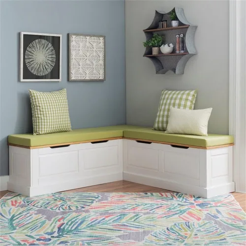 Vista 2 de Linon Troyin - Rincón de almacenamiento de madera natural y blanca con cojines verdes