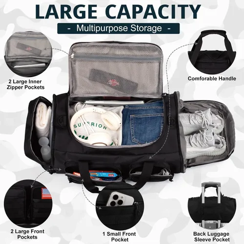 Vista 3 de Bolsa táctica de gimnasio para hombres, 50L grande 3 en 1 bolsa deportiva con compartimento para zapatos para viajes, mochila de viaje resistente al