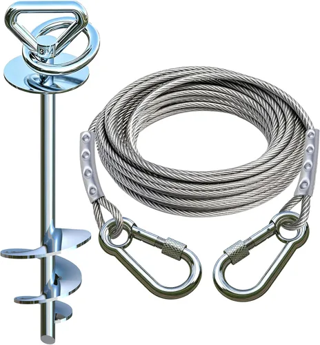 Vista 7 de Cable de amarre para perros y estaca para campamento, con cables resistentes de 2 x 20 pies (hasta 200 libras), anclaje giratorio de 360°
