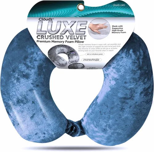 Vista 3 de Cloudz Luxe Crushed Velvet Ultra Premium Comforlite Almohada de cuello de viaje en avión con máscara de dormir lujosamente suave a juego, azul acero