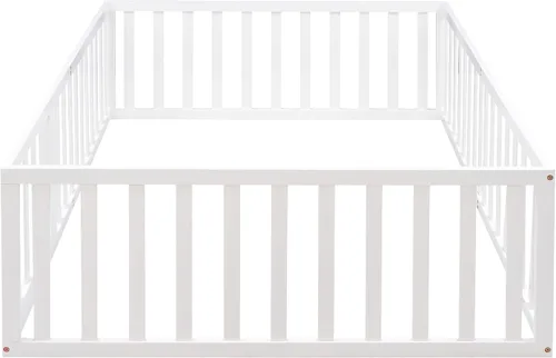 Vista 6 de Harper & Bright Designs Cama de suelo Montessori de tamaño matrimonial con rieles, marco de madera con valla y puerta, para niños y niñas (blanco)