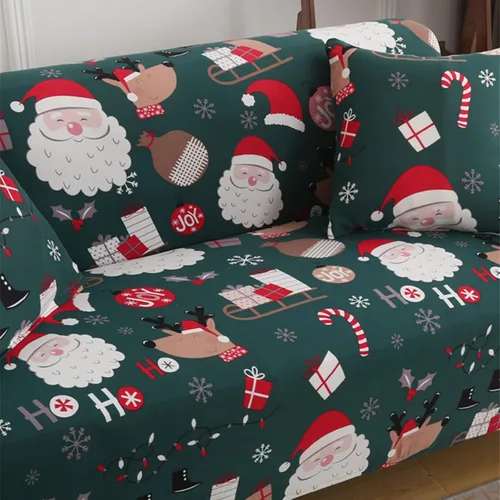 Vista 3 de Yiran - Funda de sofá verde de Navidad, protector de muebles para niños y mascotas con Santa Claus impreso, funda elástica para sofá de 3 plazas