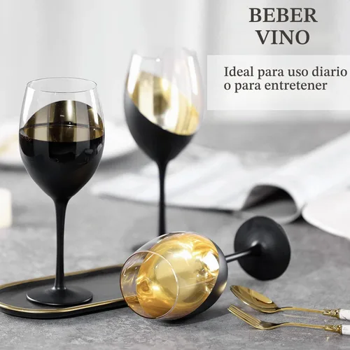Vista 3 de MyGift Juego de 4 Copas de Vino, Copas de Vino Tinto de 14oz, Cristalería Moderna Negro Mate y Dorado, Elegantes Copas de Bar para Bodas, Fiestas