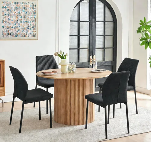 Vista 35 de Juego de mesa de comedor para 4, mesa de comedor rectangular irregular de madera moderna, sillas de comedor de cuero, 4 mesas y sillas, juego de 4
