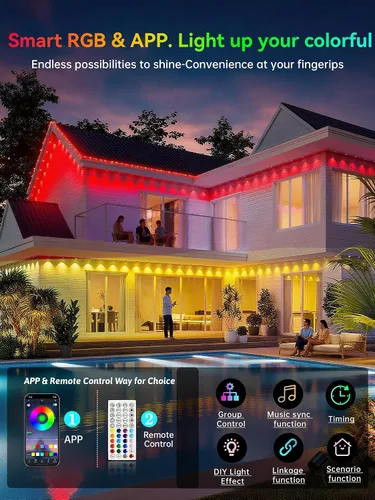Vista 4 de Luces Permanentes para Exteriores, 100 pies RGB IP67 Impermeables para Aleros, Luces LED Inteligentes para Exterior de Casa con Control por