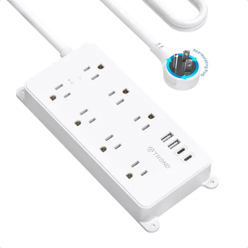 Vista 9 de TROND Regleta protectora contra sobretensiones, cable de extensión de 3 pies de enchufe plano, 5 tomas de corriente ampliamente espaciadas con 2 USB