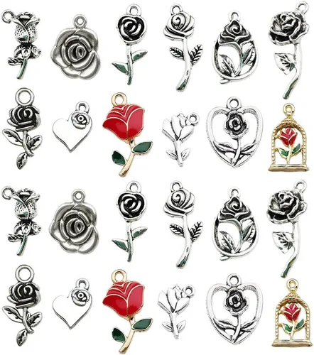 Vista 10 de WOCRAFT 24 dijes de pulsera de corazón de amor para hacer joyas, San Valentín, boda, rosa, flor, para bricolaje, collares, llaveros y suministros