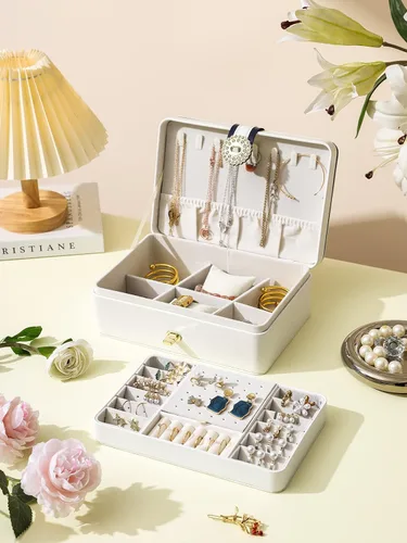 Vista 7 de AOSIFIEL Joyero y organizador para mujeres, adolescentes, niños, aretes, joyero con colgador de collar, caja de joyería de pie de piel sintética