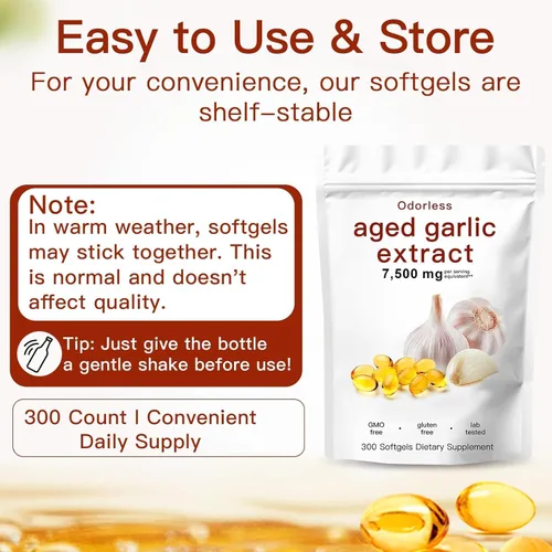 Vista 7 de Extracto de ajo envejecido, 300 unidades, 7500 mg de ajo orgánico inodoro, suplemento para apoyo cardíaco e inmunológico, vegetariano, sin OMG