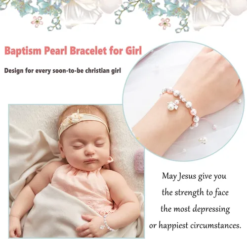 Vista 4 de Lanqueen Pulsera cristiana de bautismo para la primera comunión, regalos para niñas, niños, hija, hijo, nieta, nieto, cruz, ángel, pulsera