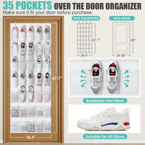 Vista 2 de Tiblue Organizador de Zapatos Sobre la Puerta 35 Bolsillos de Malla Organizador de Zapatos Colgante Estante para Zapatos Para Puerta Armario Entrada