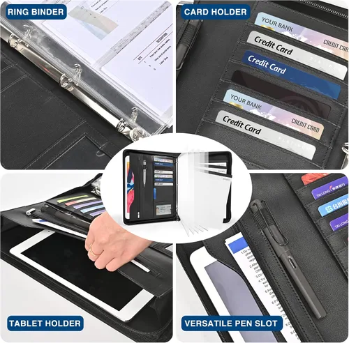 Vista 3 de Carpeta portafolios con anillas de 3 anillos, organizador de carpeta con anillas de 3 anillos, carpeta de cuero PU, planificador de negocios