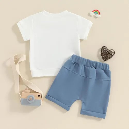 Vista 3 de Conjunto de camiseta de manga corta para bebé y niño, ropa de verano para bebé, pantalones cortos elásticos enrollados C- azul