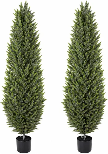 Vista 9 de Dos plantas artificiales rosas de 4 pies, árboles artificiales para interiores y exteriores, arbustos artificiales antirrayos ultravioleta, cedro