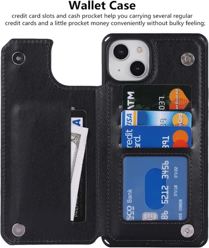 Vista 5 de iCoverCase Funda compatible con iPhone 14 Plus con tarjetero para mujer, bloqueo RFID en relieve, piel sintética con correa de muñeca de 6.7