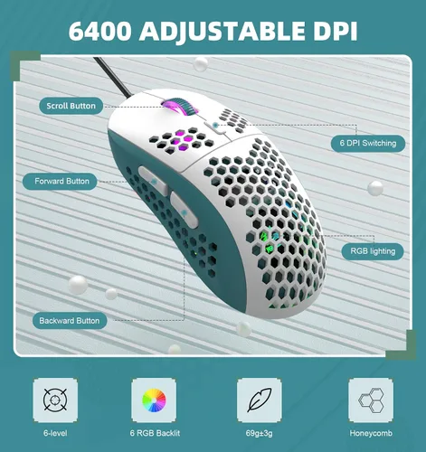 Vista 2 de ZIYOU LANG Ratón para juegos RGB con cable, 65G ligero de panal ultraligero con sensor de alta precisión 6400DPI, 6 botones programables USB