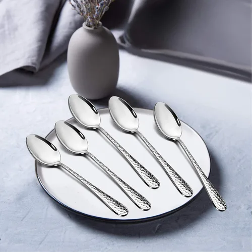Vista 5 de E-far - Juego de 6 cucharaditas martilladas de acero inoxidable moderno, cubiertos de postre para el hogar, cocina, restaurante, borde redondo