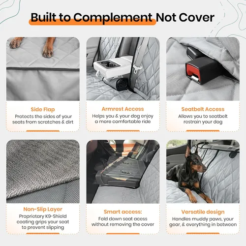 Vista 3 de 4Knines Funda de asiento trasero para perro para asientos plegables Diseño dividido resistente que se adapta a asientos plegables 60/40 y 50/50. Sin