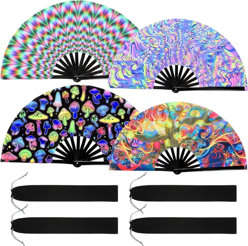 Vista 8 de Qunclay Paquete de 4 abanicos plegables grandes para rave de mano para baile de línea, fanáticos chinos, japoneses, para fiestas de festivales