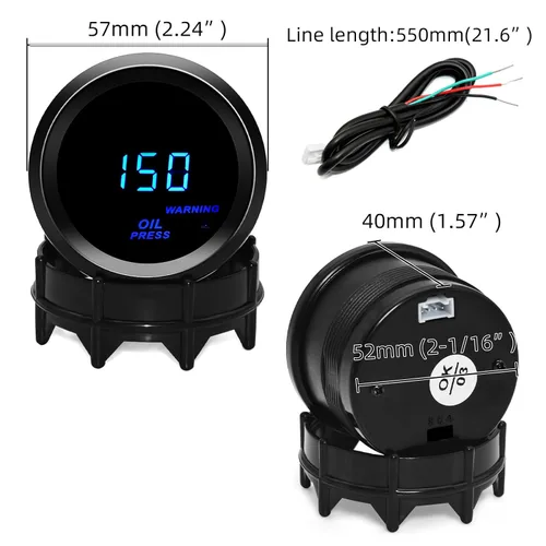 Vista 2 de Medidor de presión de aceite de 2 pulgadas = 52 mm con kit de emisor LED azul digital para automóvil de 12V (negro)