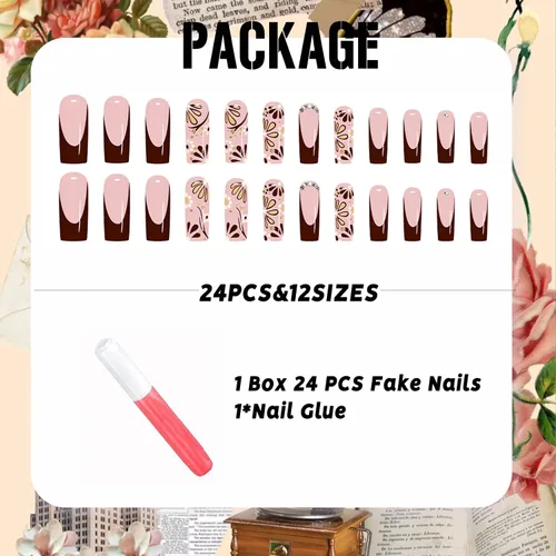 Vista 5 de IMSOHOT Uñas postizas largas cuadradas con diseños de flores, color marrón brillante, nude, uñas postizas de cobertura completa, puntas de uñas