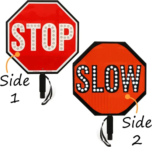 Vista 2 de SmartSign Paleta LED STOP SLOW – Señal de parada lenta reflectante de mano con asa, 18 pulgadas de doble cara, modos de luz LED