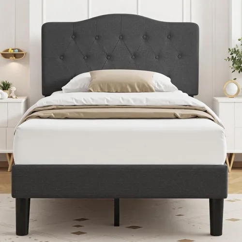 Vista 24 de VECELO Base de cama de plataforma de tamaño individual con cabecera tapizada de tela y soporte de listones de madera, no necesita somier/fácil Beige