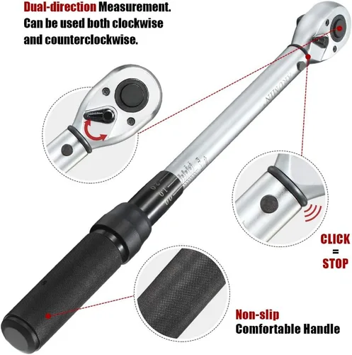 Vista 3 de Llave dinamométrica de clic de 1/2 pulgada (10-150 pies-libras/13.6-203.3 Nm) Juego de llave de torque ajustable de doble dirección