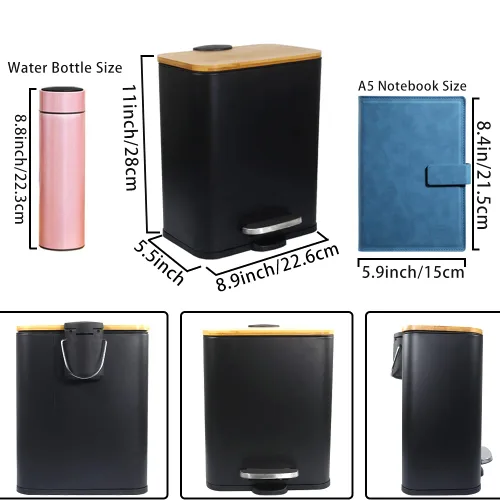 Vista 2 de SIDIANBAN Bote de basura pequeño con tapa de bambú, cierre suave y pedal de pie, cubo de basura rectangular de 1.3 gales/5 litros con papelera Negro