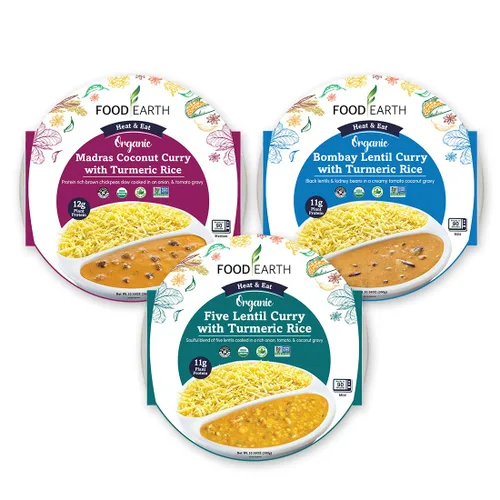 Vista 13 de Food Earth Paquete de cocina india listo para comer, curry de lentejas partidas, garbanzos al curry con arroz al vapor y verduras Biryani