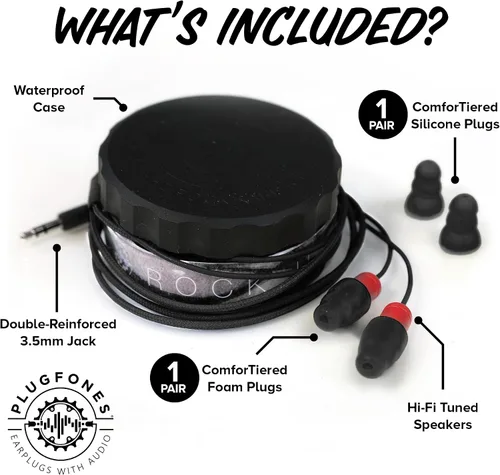 Vista 6 de Plugfones Protector Volume Limited Audio Earbuds, tapones para los oídos compatibles con OSHA con sonido, negro y rojo