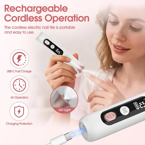 Vista 5 de Haootadiy Lima eléctrica de uñas, pulidor eléctrico inalámbrico con brocas de uñas, bandas de lijado, juego profesional de manicura y pedicura