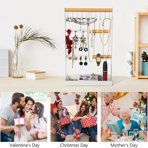 Vista 7 de CONBOLA Organizador de soporte de joyería, organizador de joyería de madera de 5 niveles con soporte para pulsera, agujeros para aretes, bandeja
