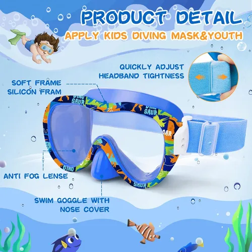 Vista 6 de Gafas de natación para niños con cubierta para la nariz, máscara de esnórquel panorámica de 180° con diseño antivaho y antifugas, correa de tela