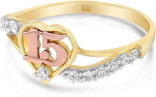 Vista 2 de Ioka - Anillo de quinceañera de oro macizo de 14 quilates de 15 años de cumpleaños con circonita cúbica