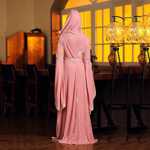 Vista 7 de Vestido renacentista de terciopelo para mujer con capucha, disfraz de bruja medieval de manga larga, vestido largo vintage
