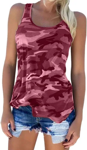 Vista 6 de Lindas camisetas deportivas sin mangas de camuflaje para correr, para entrenamiento, gimnasio, espalda cruzada, para mujer Camo Verde